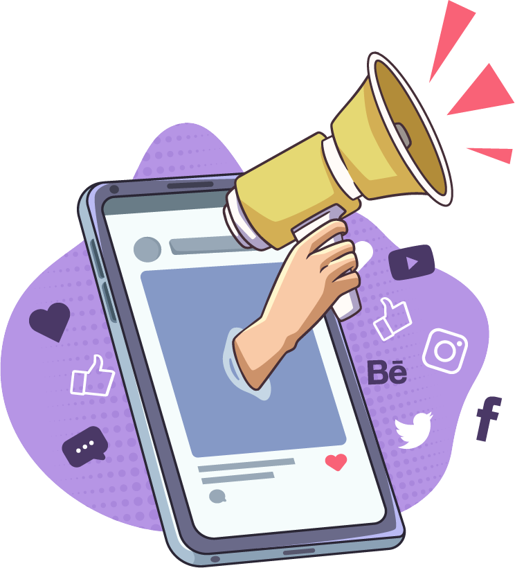 A mobile with a hand holding a loudspeaker that coming out of the mobile showcasing our service of digital marketing.